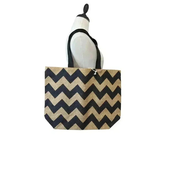 Woven Earth Bags Black Chevron Jute Large Tote Bag Zip Closure Inside Zip Pocket - Picture 1 of 6